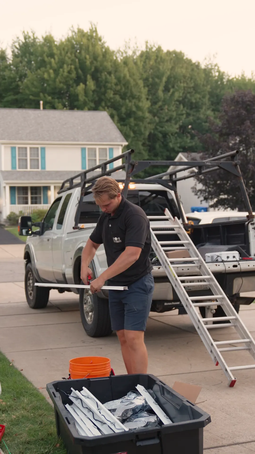 Edward cutting aluminum channel at the truck before an install